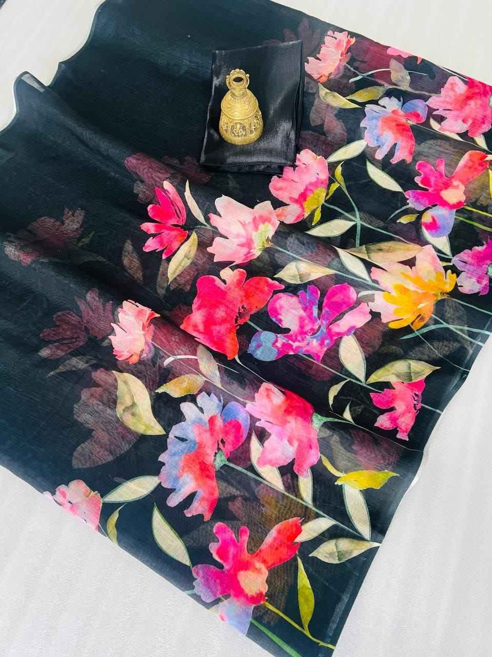 PLAIN LINEN DIGITAL FLOWER PRINTED SAREE AT WHOLESALE PRICE