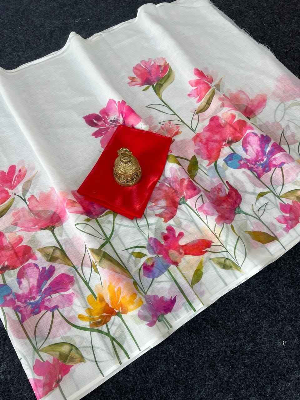 PLAIN LINEN DIGITAL FLOWER PRINTED SAREE AT WHOLESALE PRICE