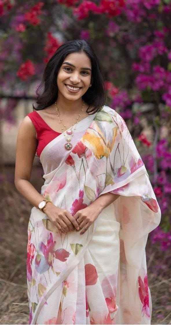 PLAIN LINEN DIGITAL FLOWER PRINTED SAREE AT WHOLESALE PRICE