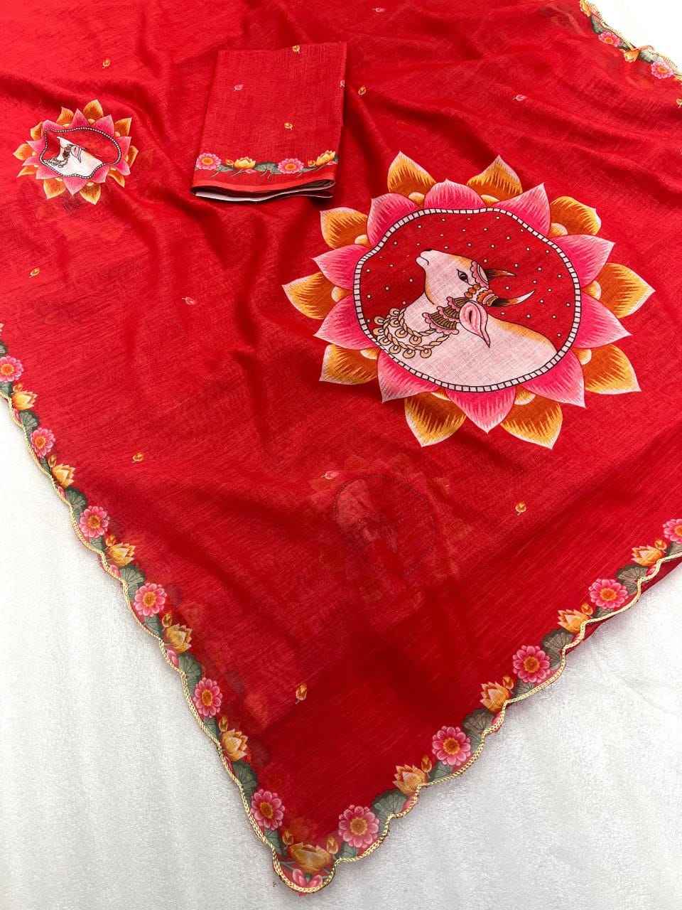 PLAIN LINEN DIGITAL PRINT WITH CUT WORK BORDER SAREE AT WHOLESALE PRICE