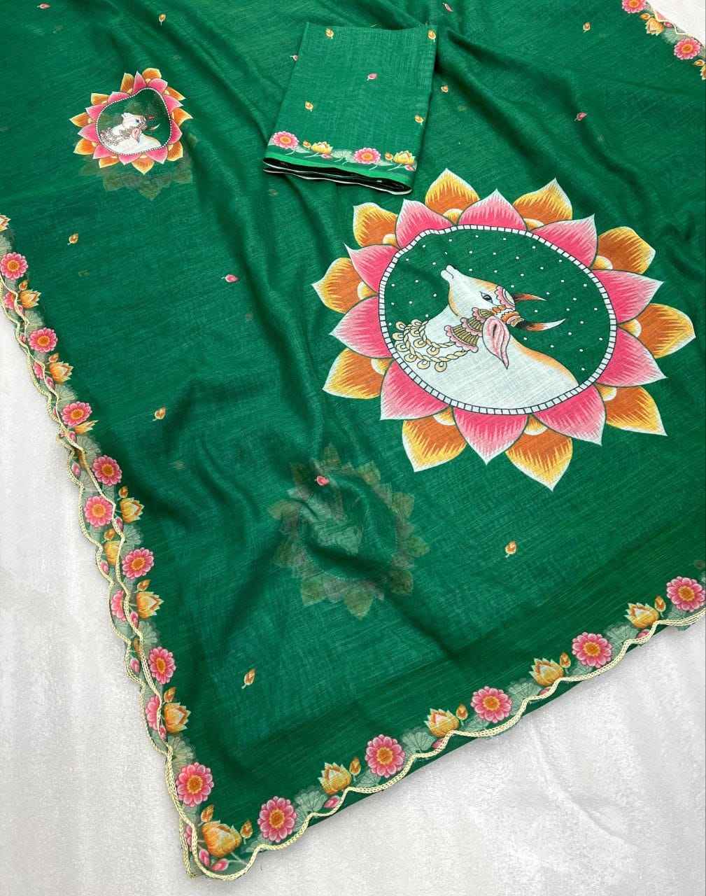 PLAIN LINEN DIGITAL PRINT WITH CUT WORK BORDER SAREE AT WHOLESALE PRICE