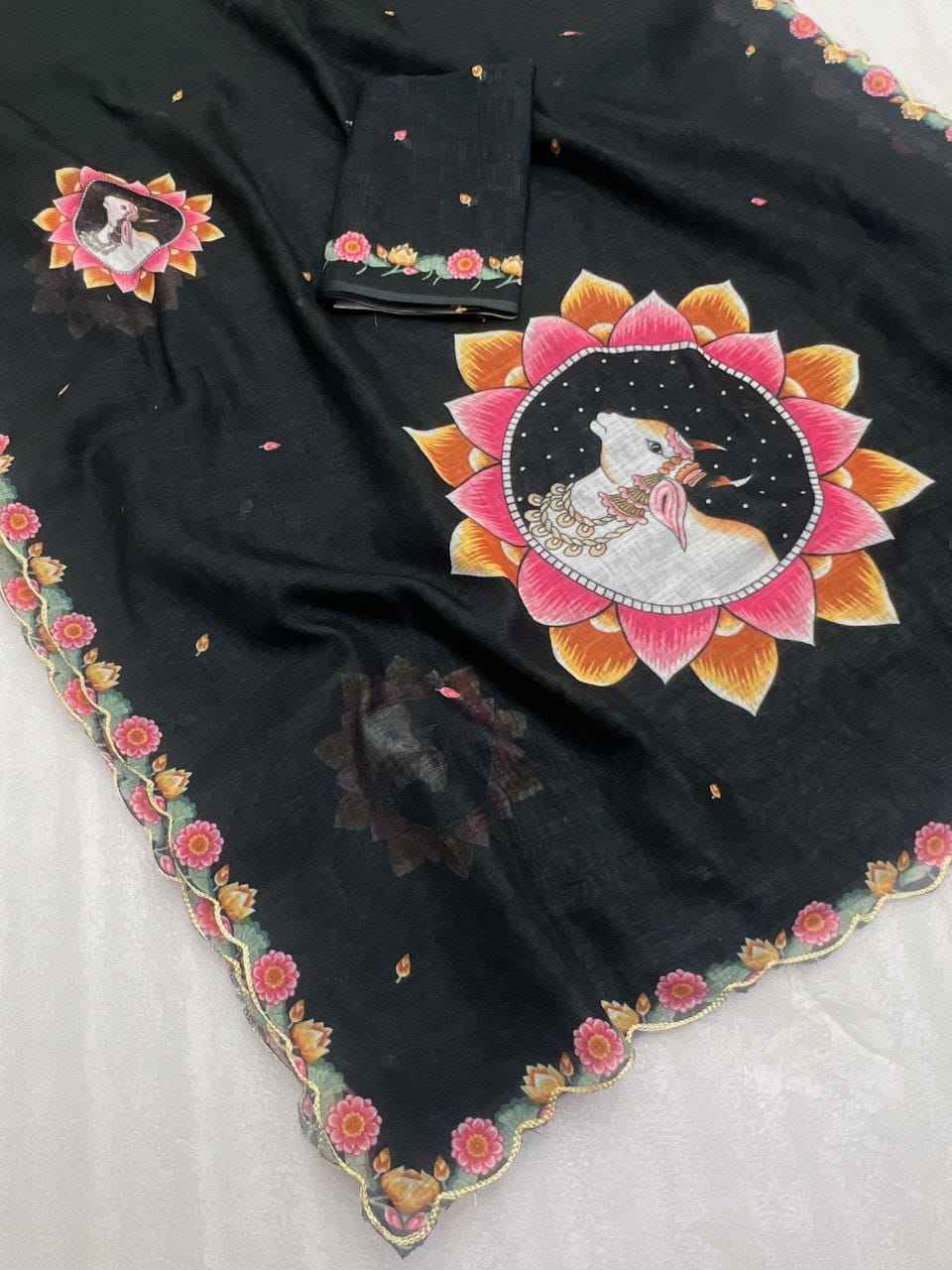 PLAIN LINEN DIGITAL PRINT WITH CUT WORK BORDER SAREE AT WHOLESALE PRICE