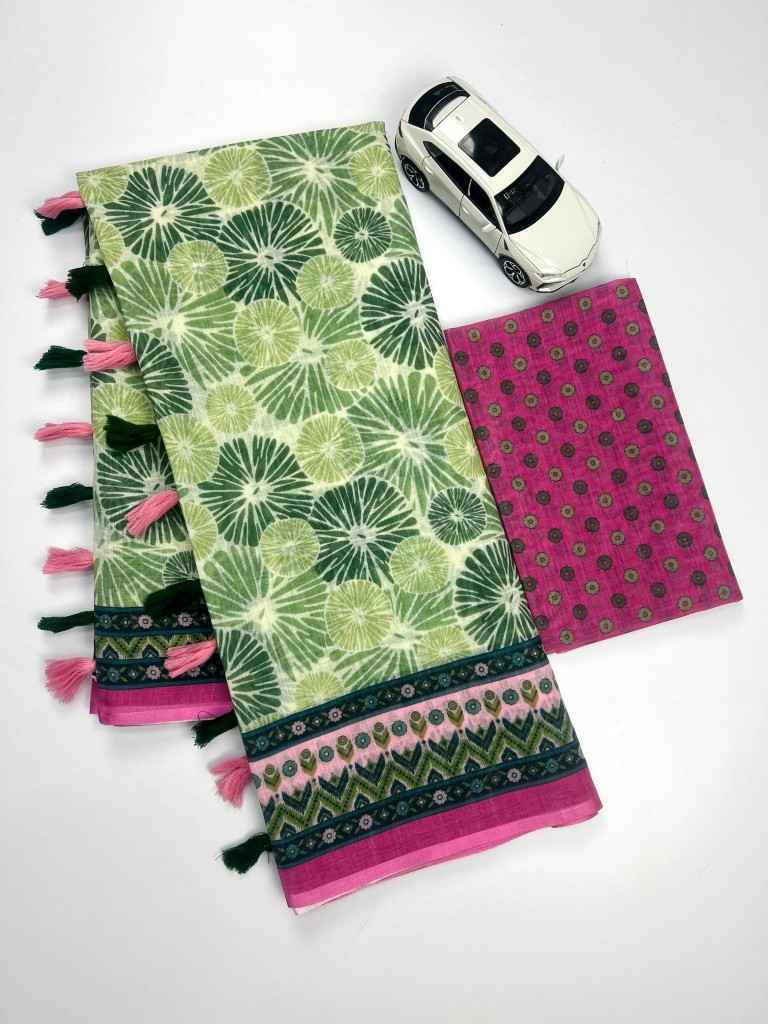 PLAIN LINEN DIGITAL PRINT WITH FUMKA SAREE AT WHOLESALE PRICE