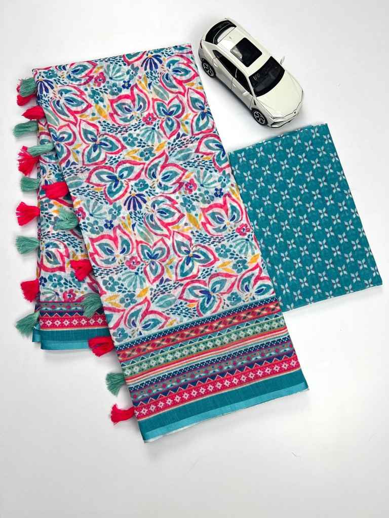 PLAIN LINEN DIGITAL PRINT WITH FUMKA SAREE AT WHOLESALE PRICE