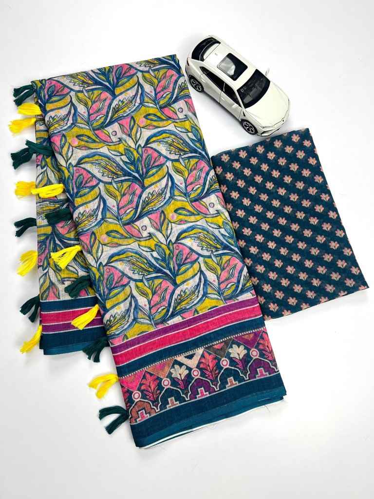 PLAIN LINEN DIGITAL PRINT WITH FUMKA SAREE AT WHOLESALE PRICE