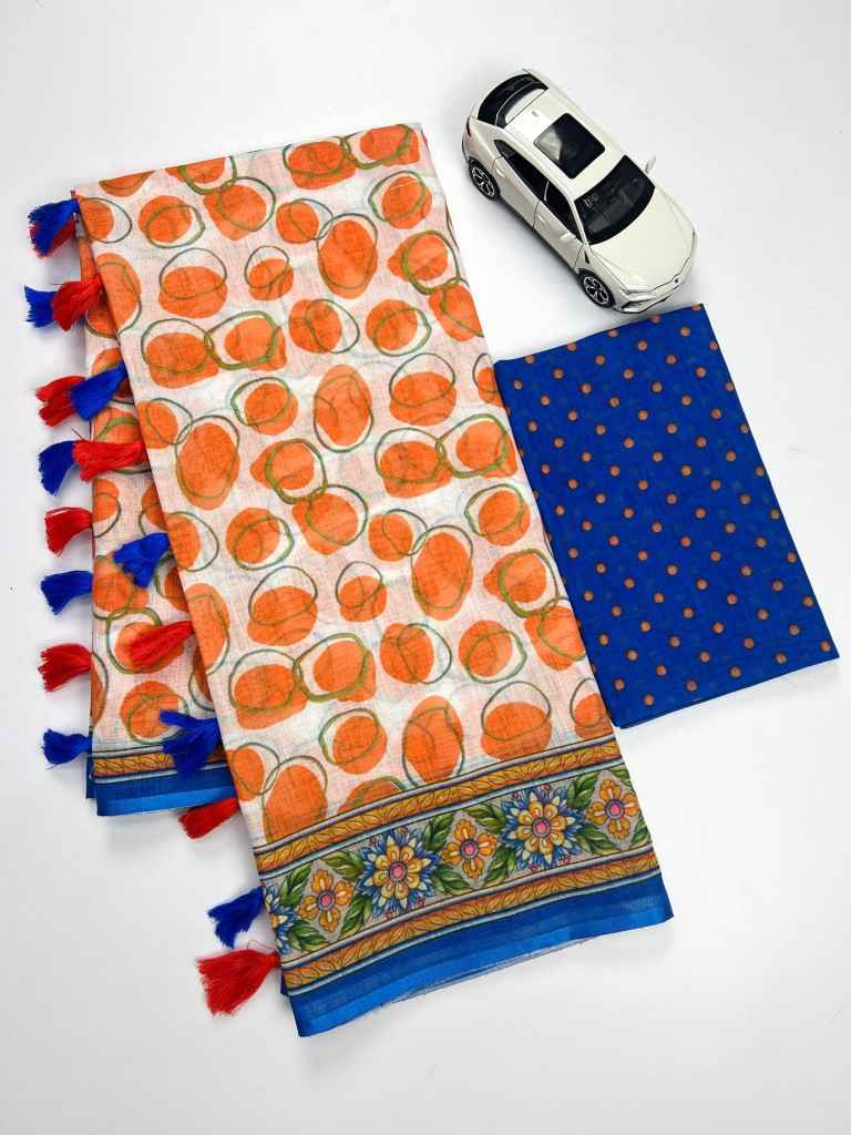 PLAIN LINEN DIGITAL PRINT WITH FUMKA SAREE AT WHOLESALE PRICE