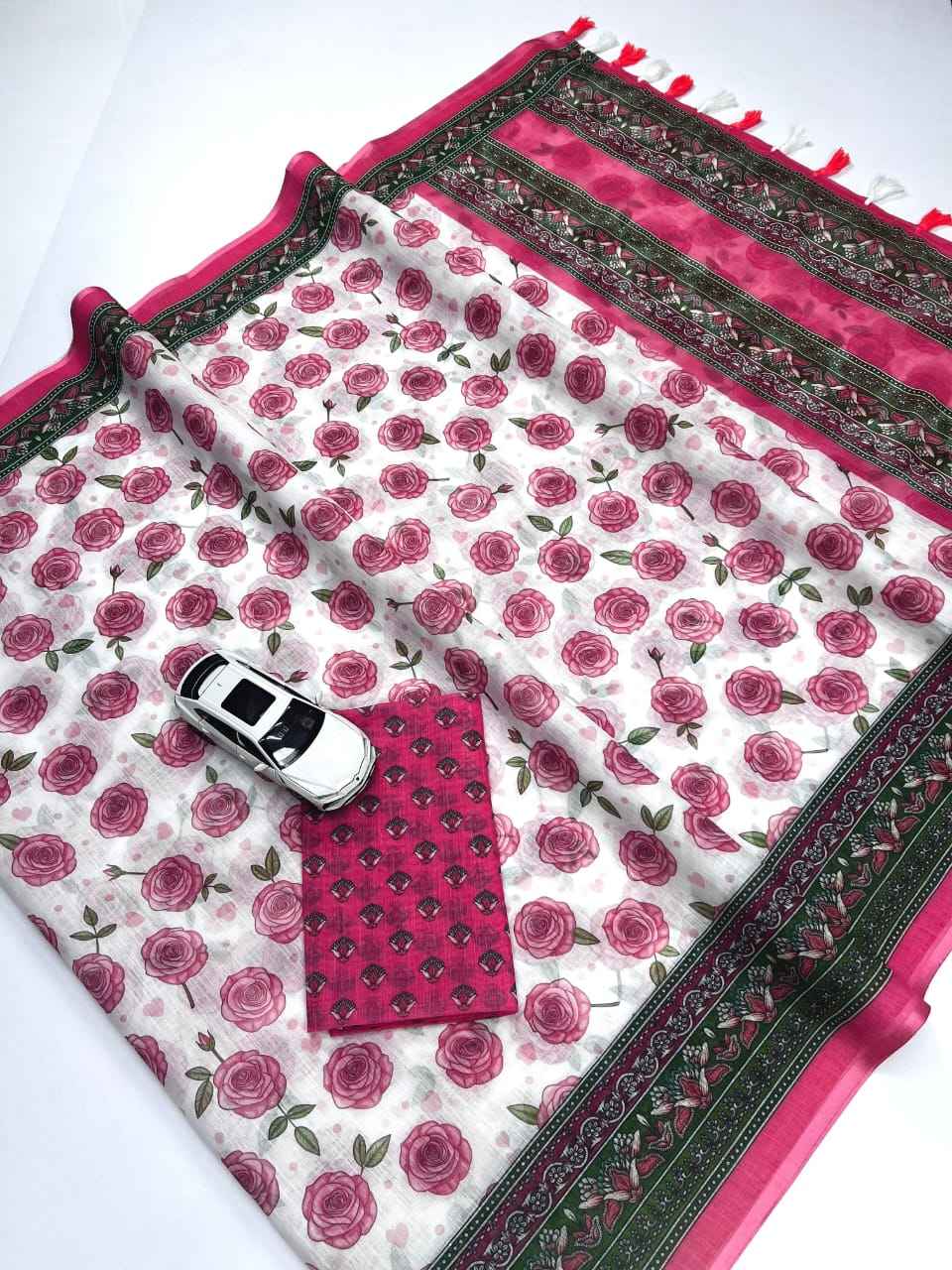 PLAIN LINEN DIGITAL PRINTED SAREE WITH BLOUSE AT WHOLESALE PRICE