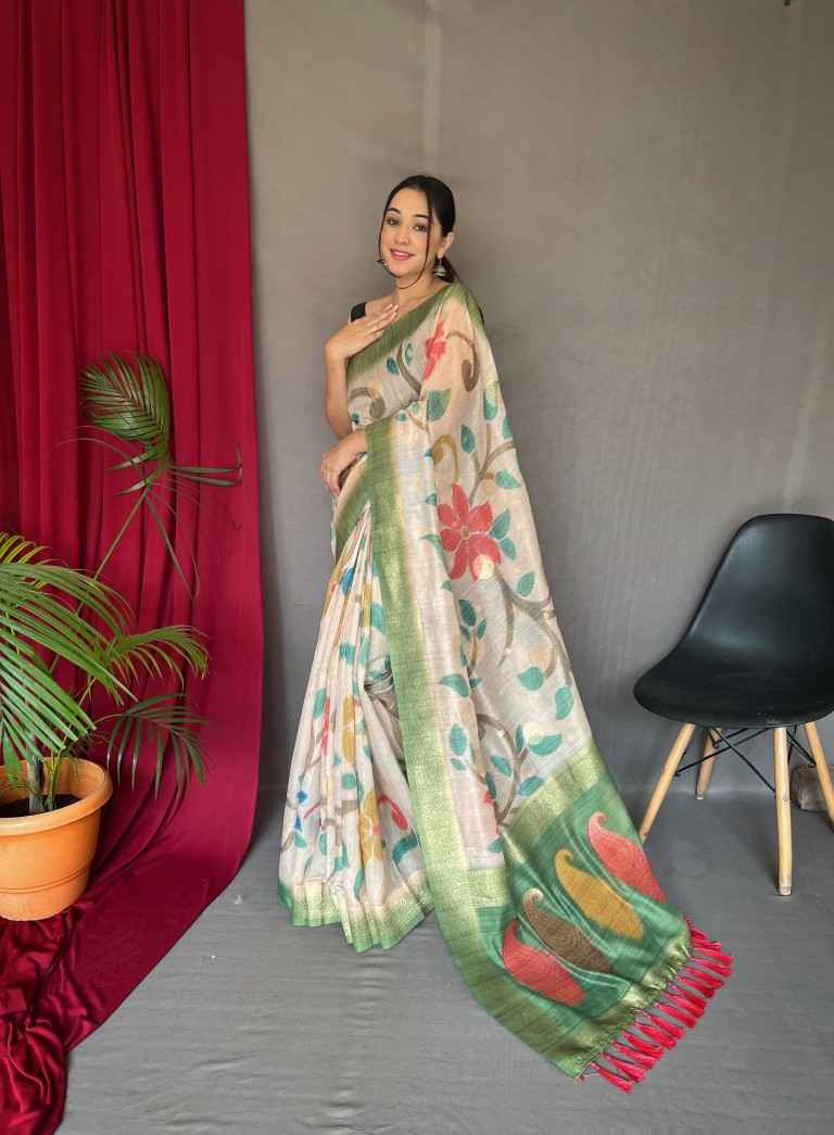 PURE CHANDERI SILK 3D DIGITAL PRINT WITH FLORAL KATHA STITCH SAREE AT WHOLESALE PRICE