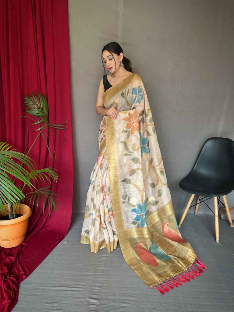 PURE CHANDERI SILK 3D DIGITAL PRINT WITH FLORAL KATHA STITCH SAREE AT WHOLESALE PRICE