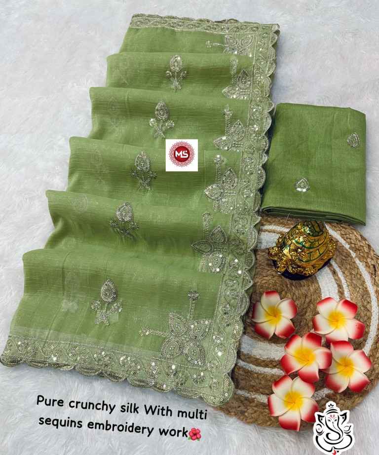 PURE CRUNCHY SILK WITH PITTA WORK C PALLU SAREE AT WHOLESALE PRICE