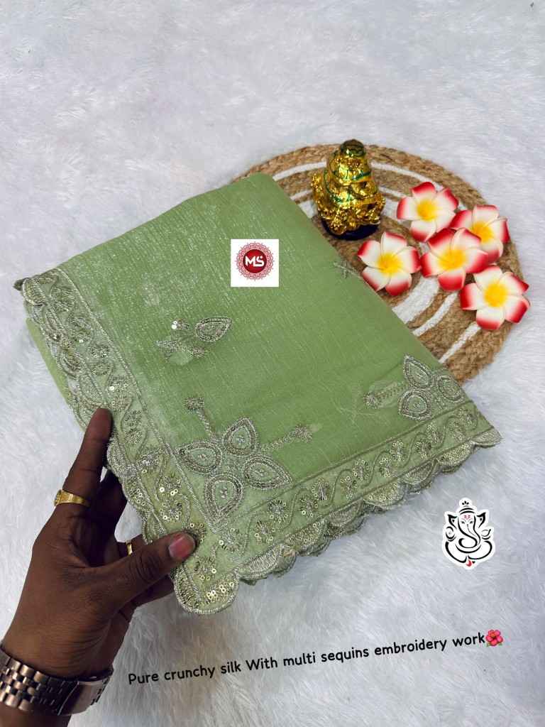 PURE CRUNCHY SILK WITH PITTA WORK C PALLU SAREE AT WHOLESALE PRICE