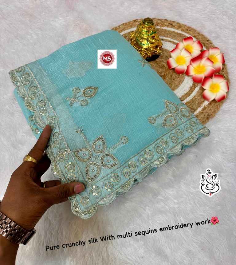 PURE CRUNCHY SILK WITH PITTA WORK C PALLU SAREE AT WHOLESALE PRICE