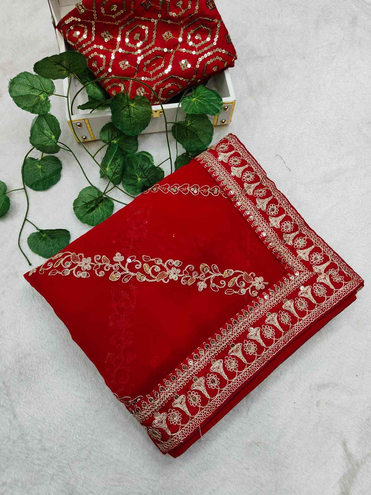 PURE GEORGETTE SEQUENCE ZARI EMBROIDERY WORK SAREE AT WHOLESALE PRICE