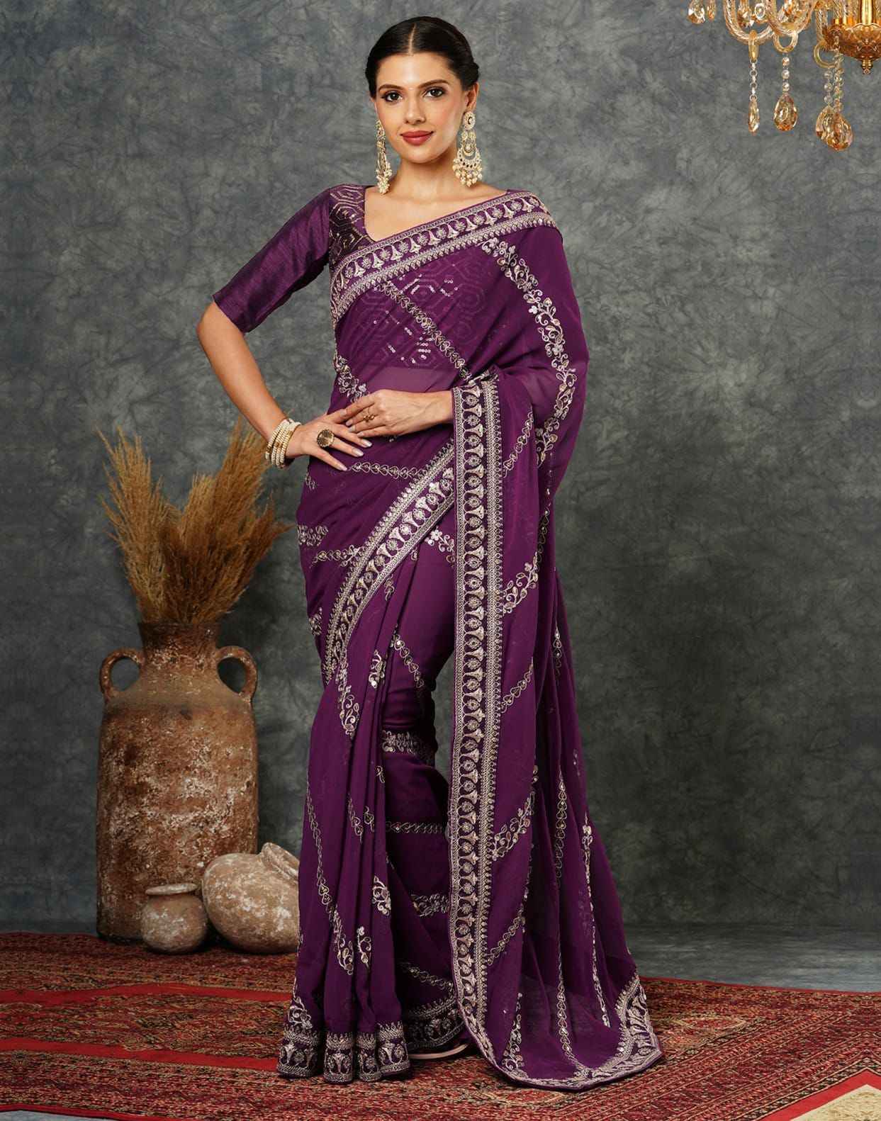 PURE GEORGETTE SEQUENCE ZARI EMBROIDERY WORK SAREE AT WHOLESALE PRICE