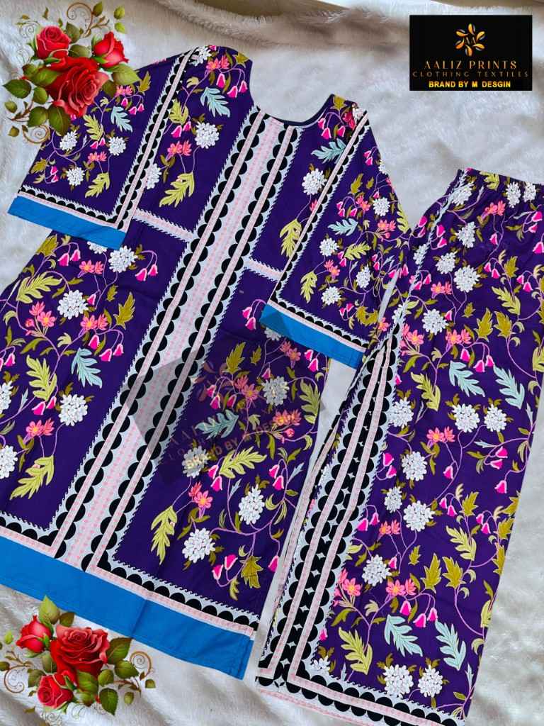 AALIZ PRINT PURE LAWN PRINTED TOP AND PLAZO CORD SET AT WHOLESALE PRICE