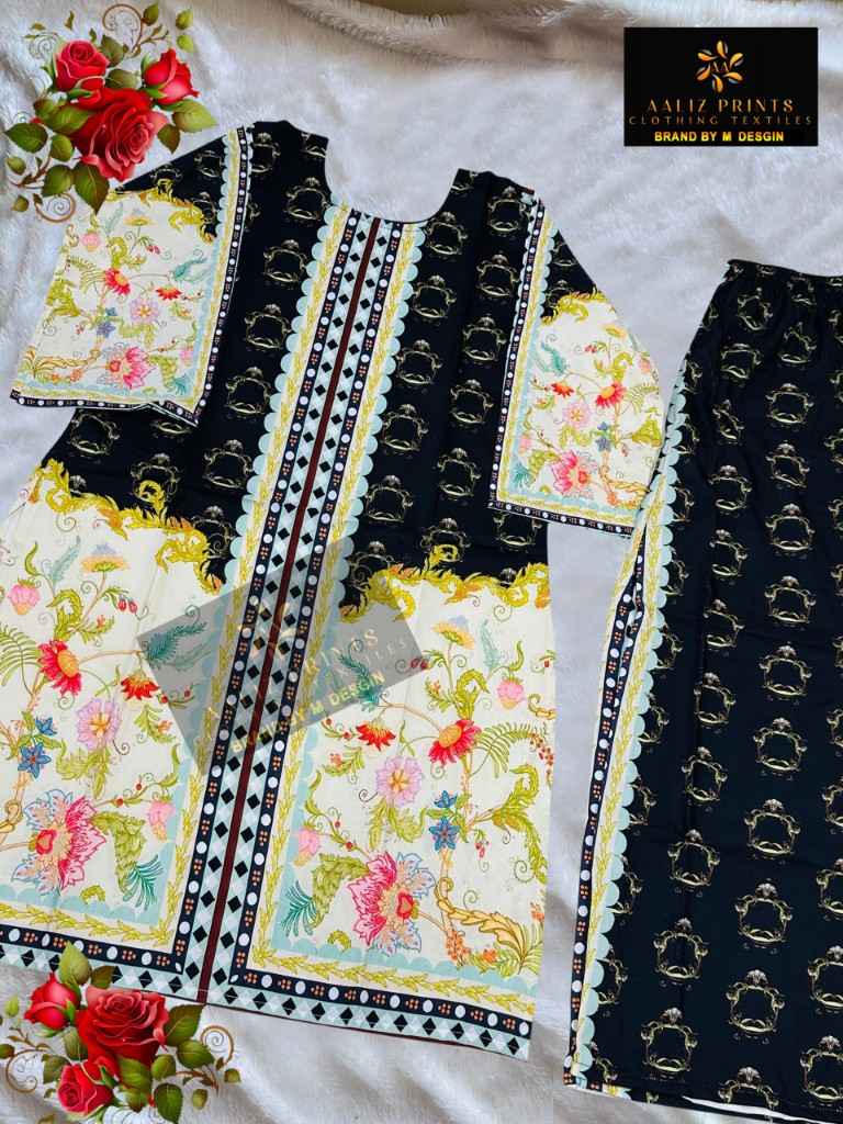 AALIZ PRINT PURE LAWN PRINTED TOP AND PLAZO CORD SET AT WHOLESALE PRICE
