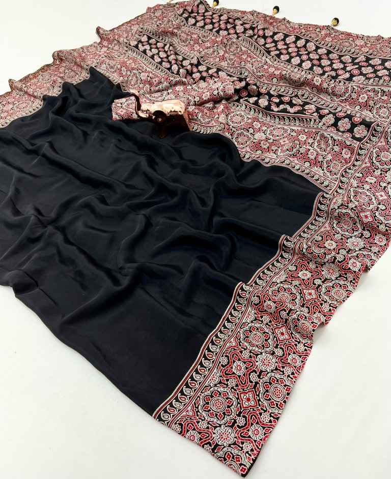 PURE SATIN WITH AJRAK PRINTED TUSSLE SAREE AT WHOLESALE PRICE