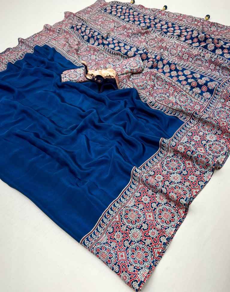 PURE SATIN WITH AJRAK PRINTED TUSSLE SAREE AT WHOLESALE PRICE