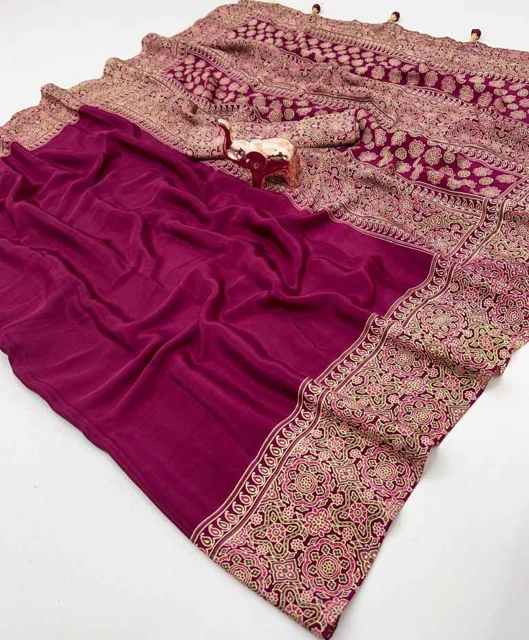 PURE SATIN WITH AJRAK PRINTED TUSSLE SAREE AT WHOLESALE PRICE