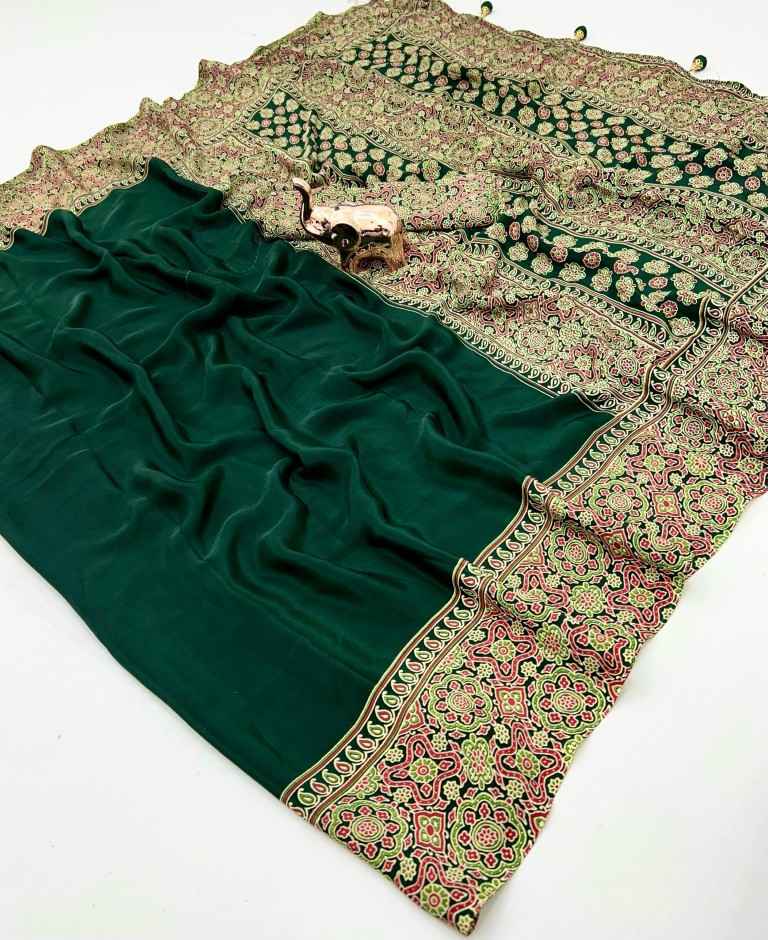 PURE SATIN WITH AJRAK PRINTED TUSSLE SAREE AT WHOLESALE PRICE
