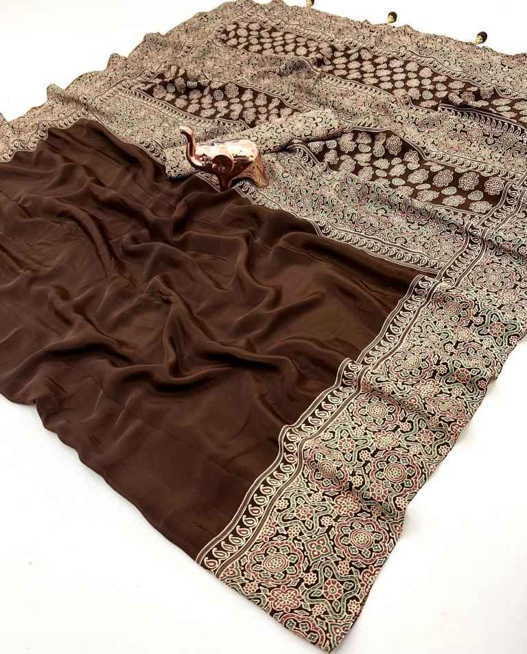 PURE SATIN WITH AJRAK PRINTED TUSSLE SAREE AT WHOLESALE PRICE