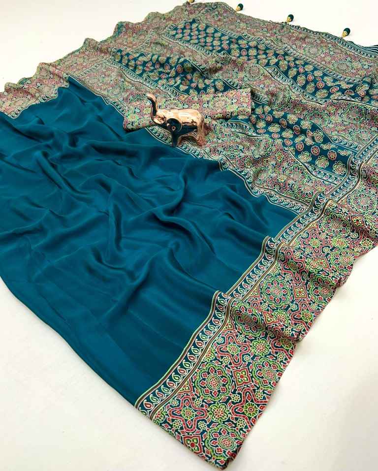 PURE SATIN WITH AJRAK PRINTED TUSSLE SAREE AT WHOLESALE PRICE