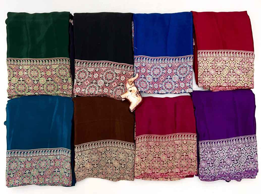 PURE SATIN WITH AJRAK PRINTED TUSSLE SAREE AT WHOLESALE PRICE