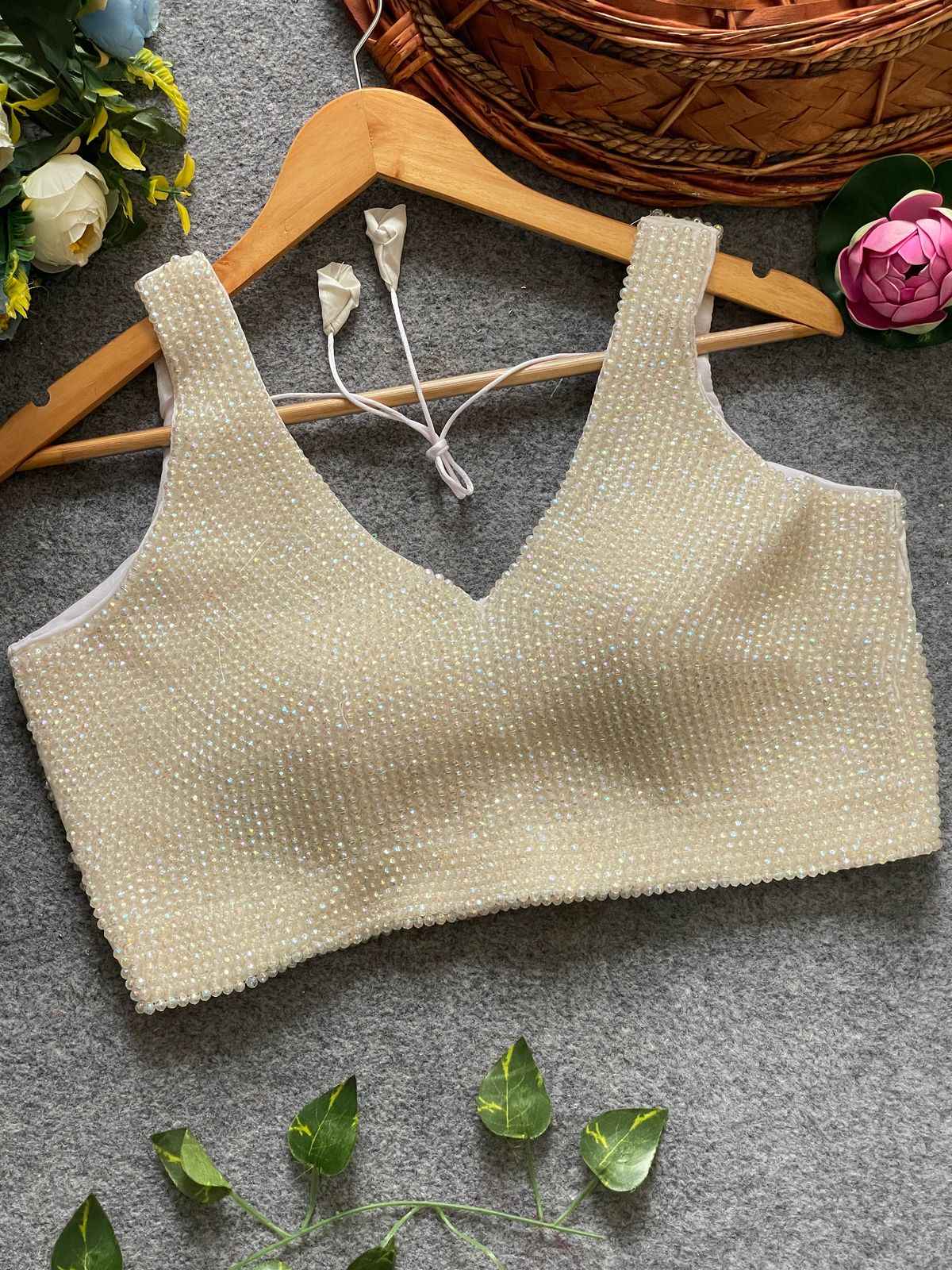 PURE SILK PEARL MOTI WORK SLEEVESLESS BLOUSE AT WHOLESALE PRICE