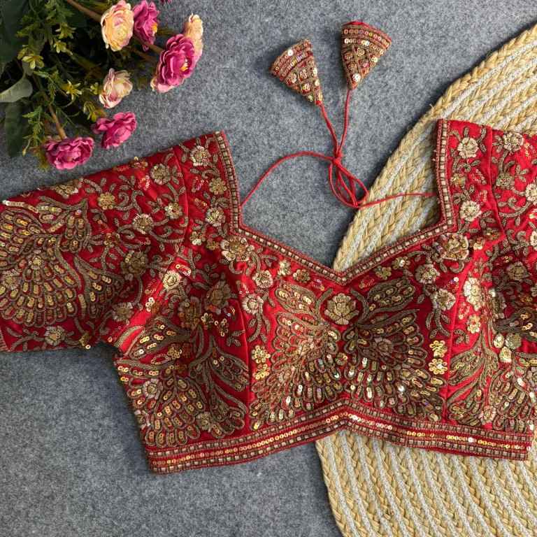 PURE SOFT ITALIAN SILK EMBROIDERY SEQUENCE WORK BRIDAL BLOUSE AT WHOLESALE PRICE