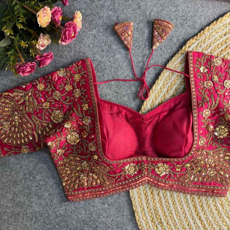 PURE SOFT ITALIAN SILK EMBROIDERY SEQUENCE WORK BRIDAL BLOUSE AT WHOLESALE PRICE