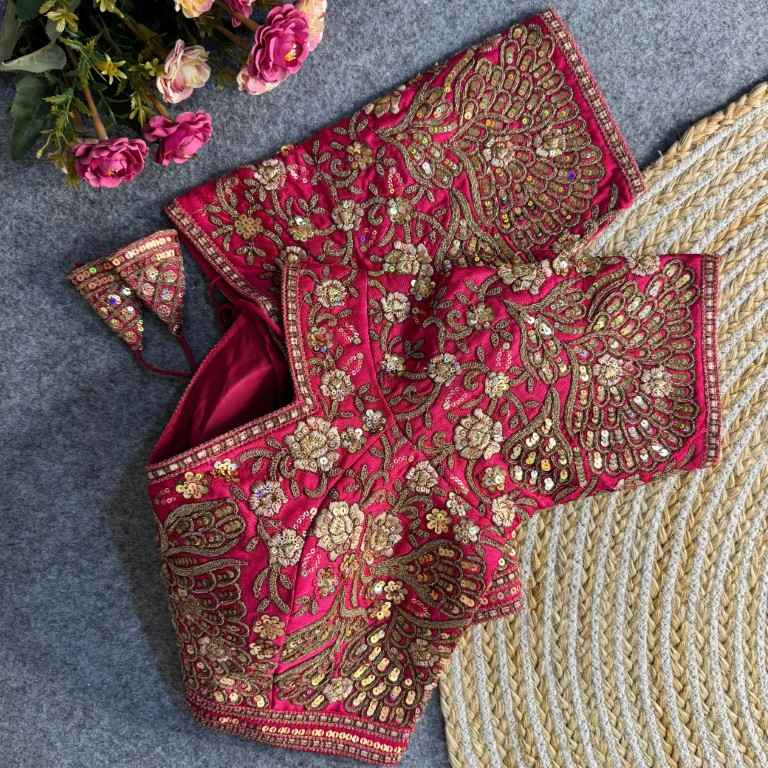 PURE SOFT ITALIAN SILK EMBROIDERY SEQUENCE WORK BRIDAL BLOUSE AT WHOLESALE PRICE