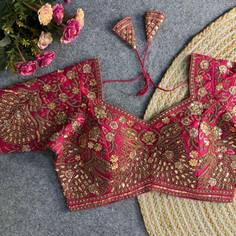 PURE SOFT ITALIAN SILK EMBROIDERY SEQUENCE WORK BRIDAL BLOUSE AT WHOLESALE PRICE