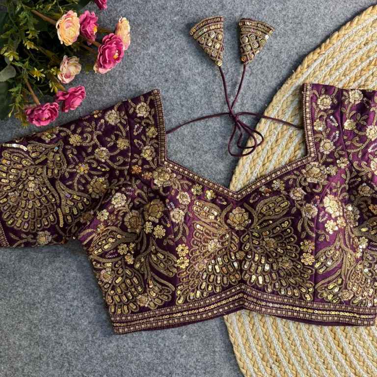 PURE SOFT ITALIAN SILK EMBROIDERY SEQUENCE WORK BRIDAL BLOUSE AT WHOLESALE PRICE