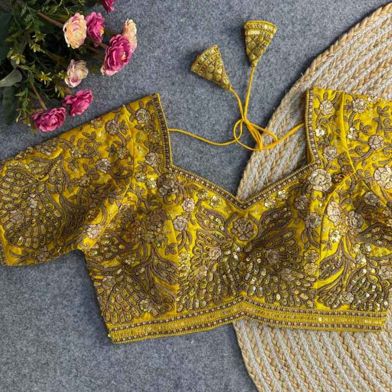 PURE SOFT ITALIAN SILK EMBROIDERY SEQUENCE WORK BRIDAL BLOUSE AT WHOLESALE PRICE