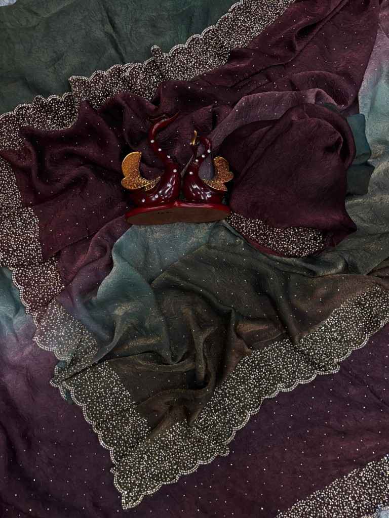 PURE SHADED CRUSH SPACE SILK HANDCRAFTED DIAMOND WORK SAREE AT WHOLESALE PRICE 