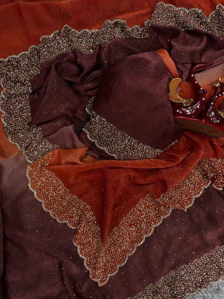 PURE SHADED CRUSH SPACE SILK HANDCRAFTED DIAMOND WORK SAREE AT WHOLESALE PRICE 