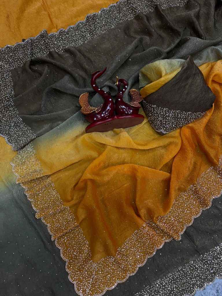 PURE SHADED CRUSH SPACE SILK HANDCRAFTED DIAMOND WORK SAREE AT WHOLESALE PRICE 