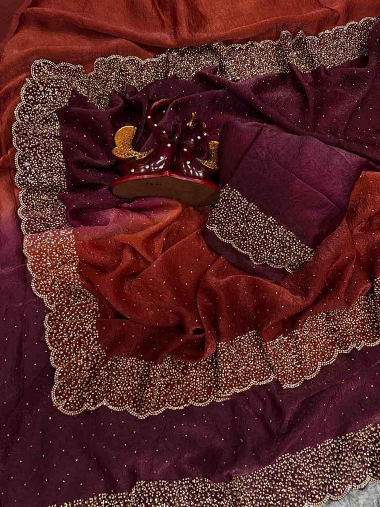 PURE SHADED CRUSH SPACE SILK HANDCRAFTED DIAMOND WORK SAREE AT WHOLESALE PRICE 