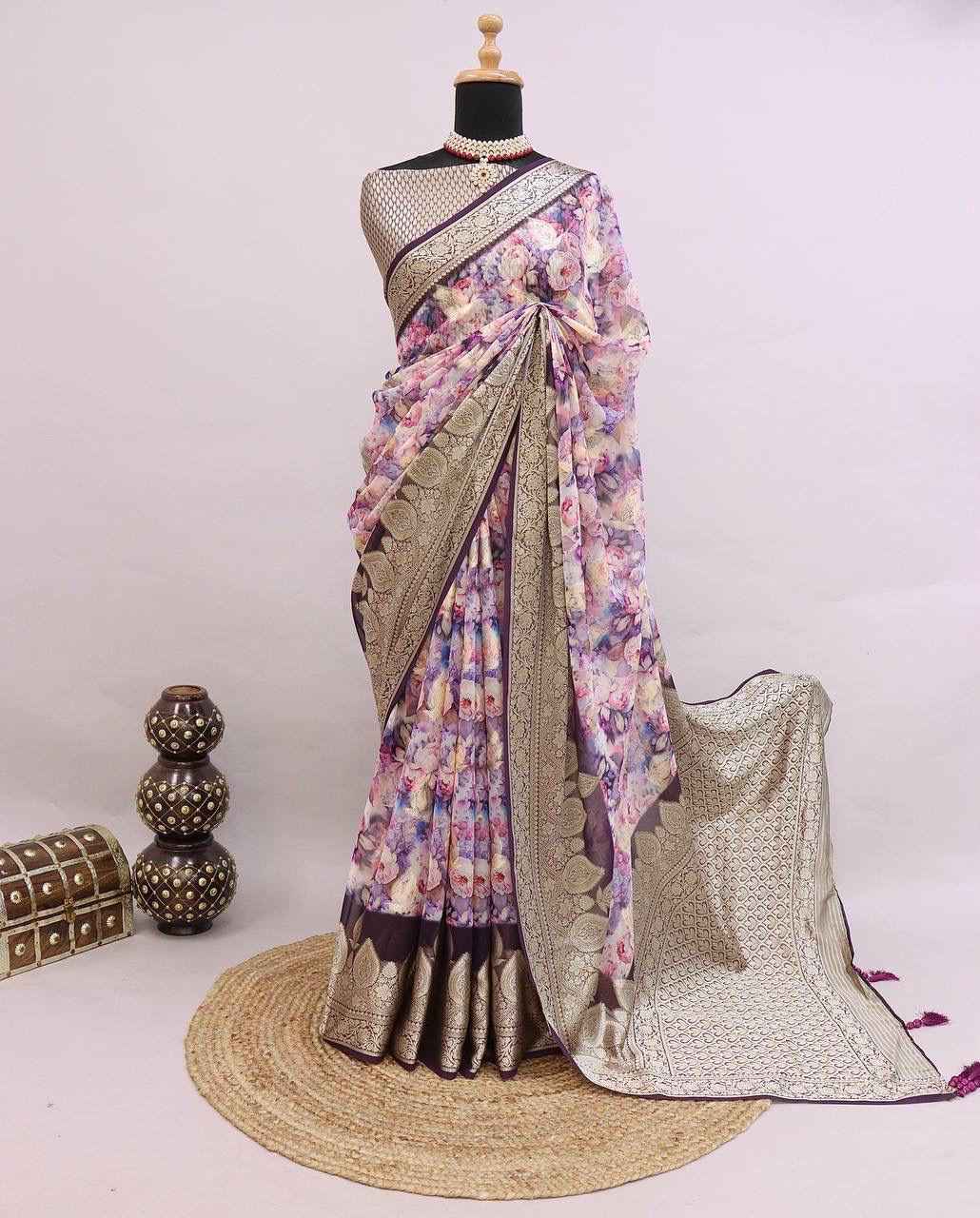 PURE WEAVING GEORGETT SILK WEAVED VISCOS  FLORAL DIGITAL PRINT SAREE AT WHOLESALE PRICE