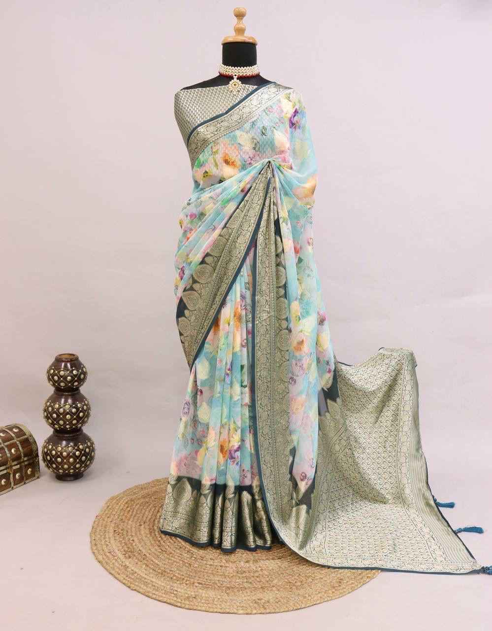 PURE WEAVING GEORGETT SILK WEAVED VISCOS  FLORAL DIGITAL PRINT SAREE AT WHOLESALE PRICE