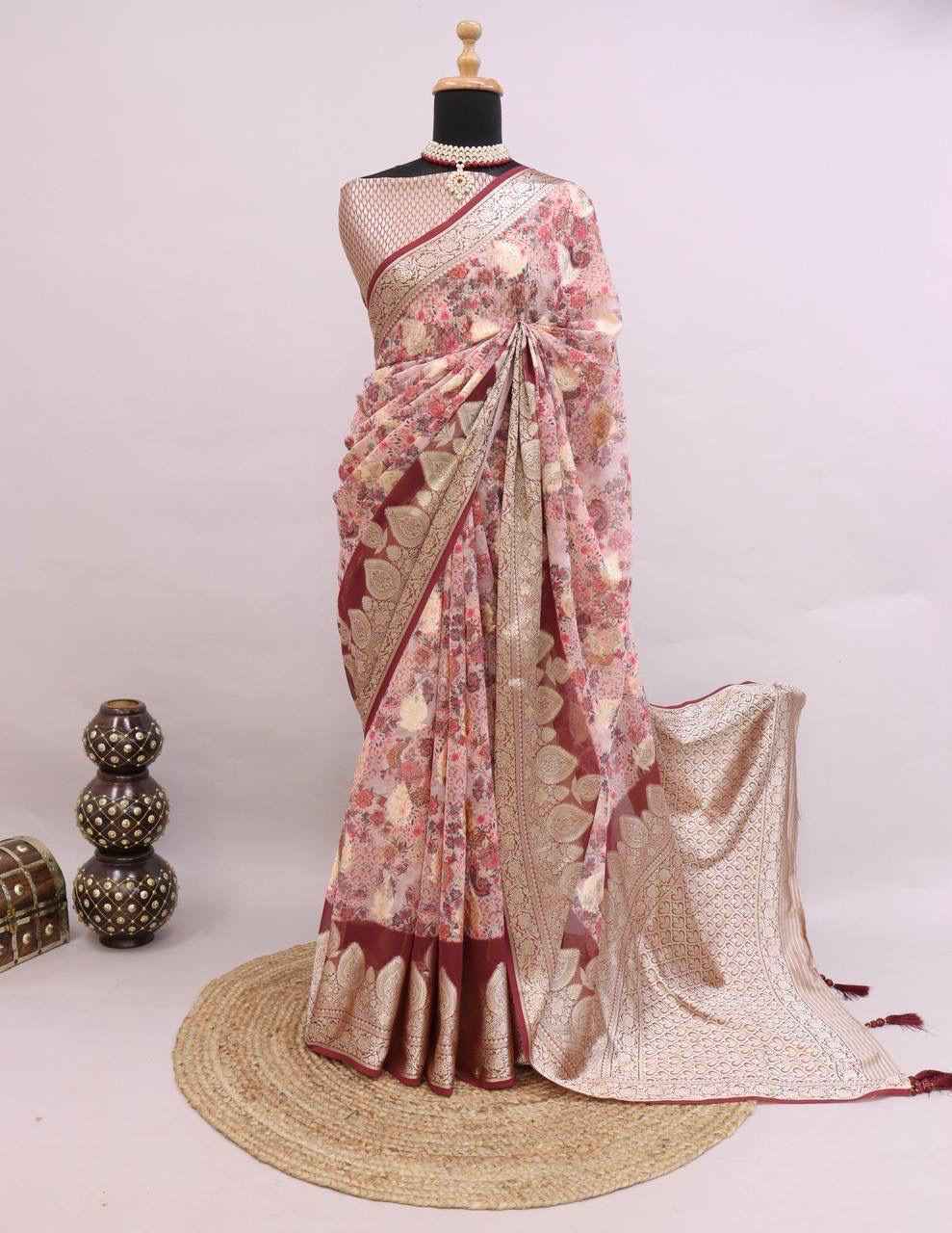 PURE WEAVING GEORGETT SILK WEAVED VISCOS  FLORAL DIGITAL PRINT SAREE AT WHOLESALE PRICE