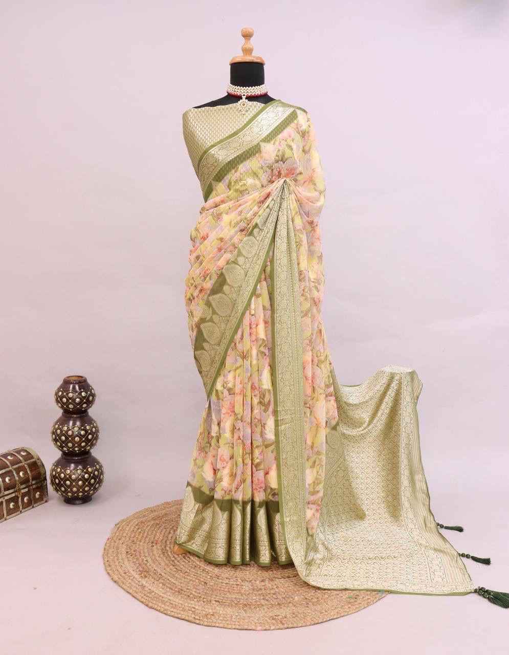 PURE WEAVING GEORGETT SILK WEAVED VISCOS  FLORAL DIGITAL PRINT SAREE AT WHOLESALE PRICE