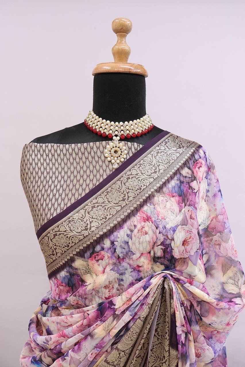 PURE WEAVING GEORGETT SILK WEAVED VISCOS  FLORAL DIGITAL PRINT SAREE AT WHOLESALE PRICE