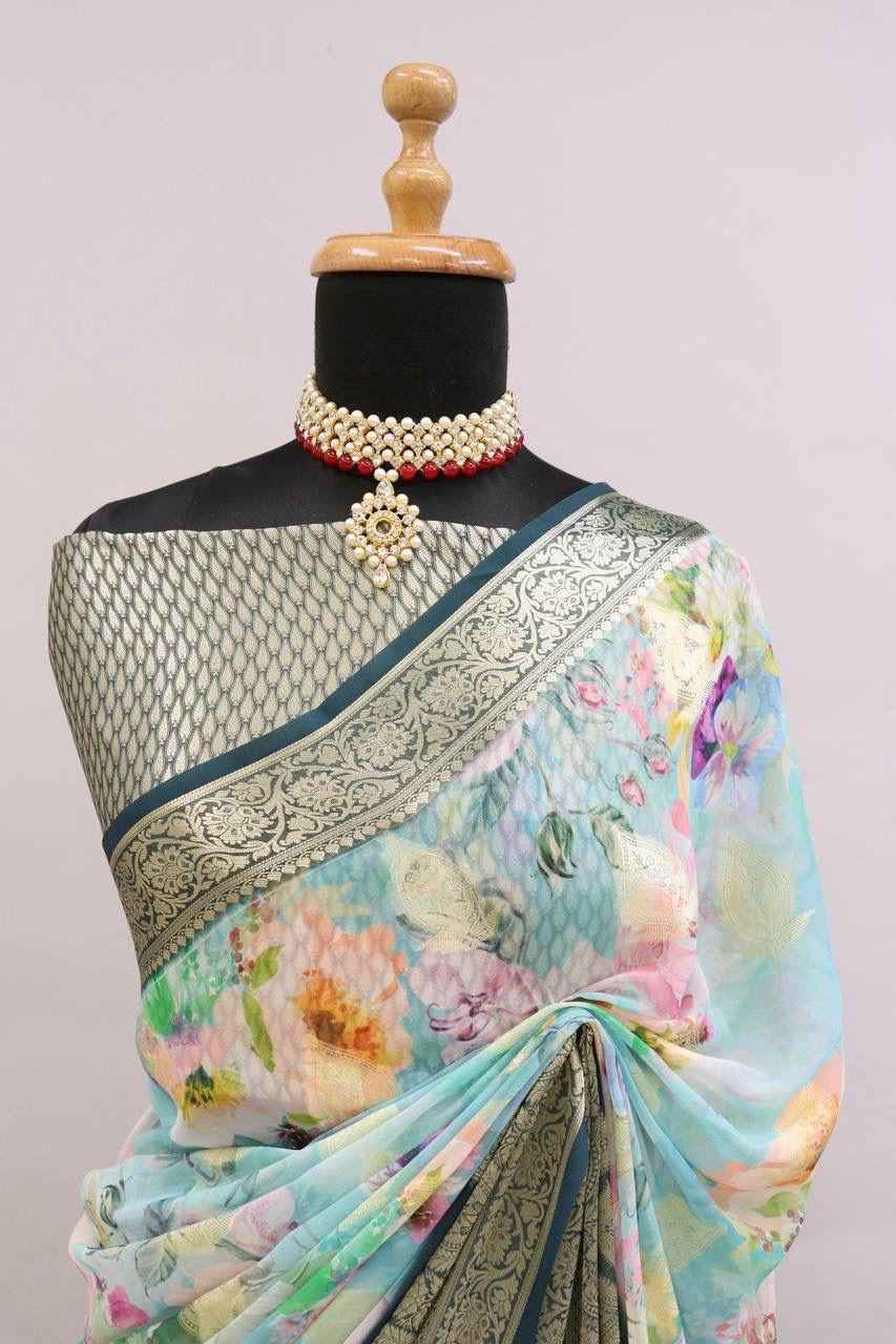 PURE WEAVING GEORGETT SILK WEAVED VISCOS  FLORAL DIGITAL PRINT SAREE AT WHOLESALE PRICE