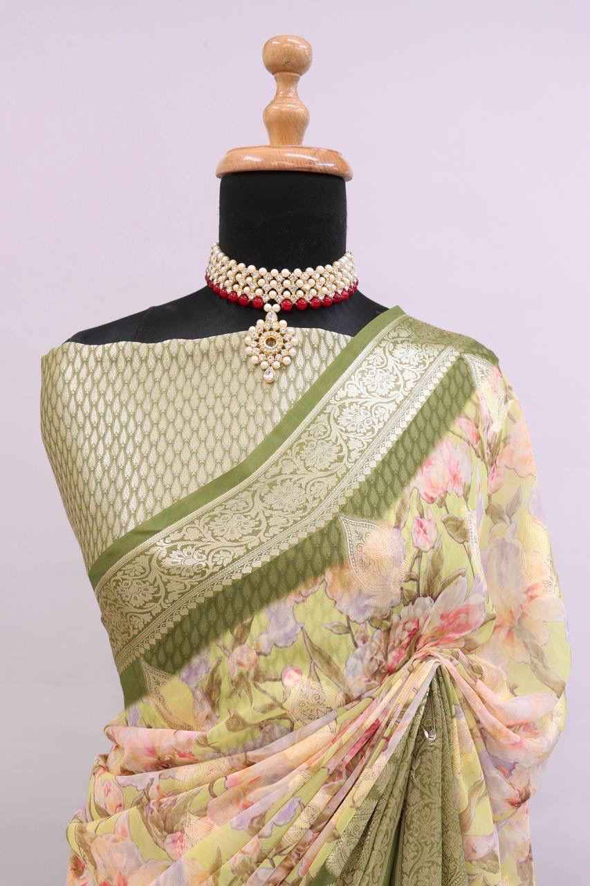 PURE WEAVING GEORGETT SILK WEAVED VISCOS  FLORAL DIGITAL PRINT SAREE AT WHOLESALE PRICE