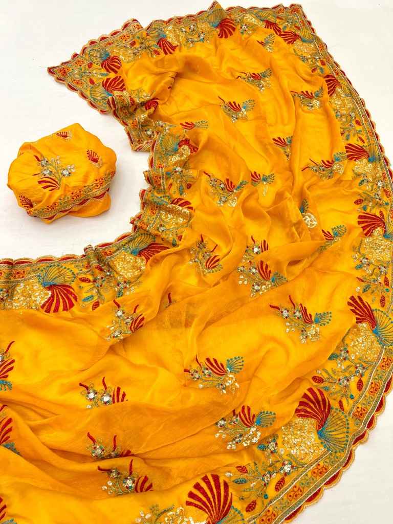 SATIN CHIIFFON FLORAL EMBROIDERY WITH SEQUENCE WORK SAREE AT WHOLESALE PRICE