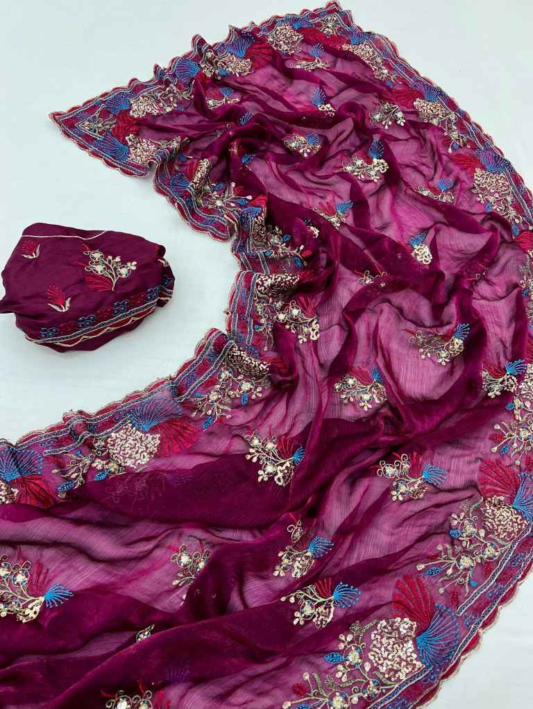 SATIN CHIIFFON FLORAL EMBROIDERY WITH SEQUENCE WORK SAREE AT WHOLESALE PRICE