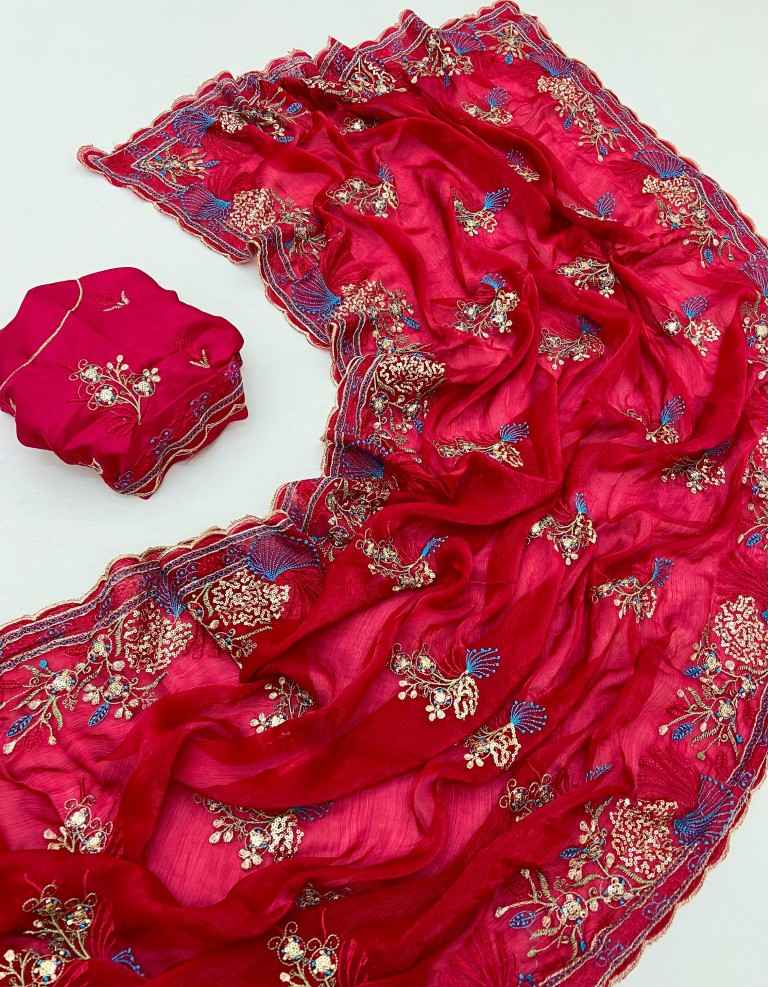 SATIN CHIIFFON FLORAL EMBROIDERY WITH SEQUENCE WORK SAREE AT WHOLESALE PRICE