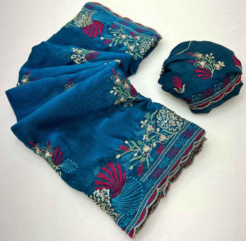 SATIN CHIIFFON FLORAL EMBROIDERY WITH SEQUENCE WORK SAREE AT WHOLESALE PRICE