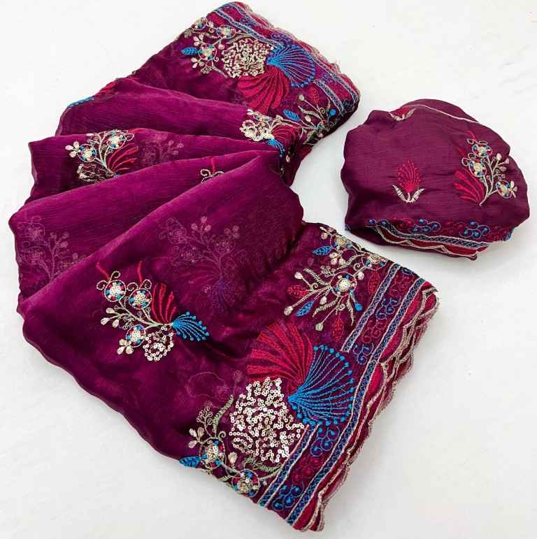 SATIN CHIIFFON FLORAL EMBROIDERY WITH SEQUENCE WORK SAREE AT WHOLESALE PRICE